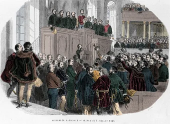 Ungerska revolutionen 1848: Nationalförsamlingens första möte i Ungern den 5 juli 1848. Gravyr i ”Det historiska Ungern” av J. Boldenyi, Paris 1853
