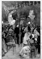 Den ungerske kompositören och pianisten Franz Liszt (1811-1886) i Paris under ett firande till hans ära i skulptören Cyprian Godebskis verkstad (1835 - 1909). Gravyr i "" Le Monde illustrious""
