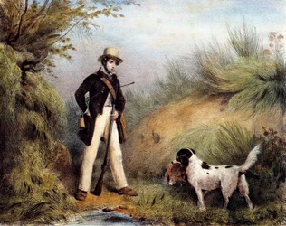 Jägare med sin hund. 1800-talstryck. Gien, jaktmuseum