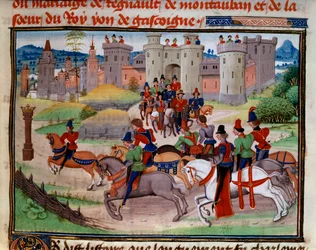 Jaktscen. Miniatyr från manuskriptet "Renaud de Montauban" eller "Les quatre fils Aymon" av Loyset Liedet (aktiv mellan 1448 och 1478). Ms. 5073. 1400-talets Bibliotheque de l