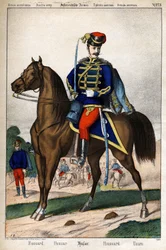 Hussard av den österrikiska Armee. Gravyr sd. 1800-talet.