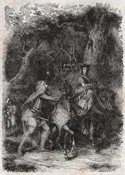 Hypalca Arreted by Rodomont - 1851 gravyr från "" Furious Roland"" (Orlando furioso) (1500-talet) av Ludovico Ariosto, känd som Ariosto - Upplaga översatt från italienska av greven av Tressan och publicerad av Gustave Harvard 1851