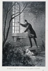 Jag gick i går kväll och kliade på fönstret, illustration i Conan Doyles "The Premiers Exploits of Sherlock Holmes". Sd. omkring 1890