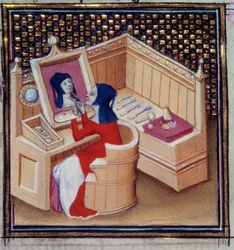 Iaia (Marcia från Kyzikos), en romersk målarinna, målar sitt eget miniatyrporträtt ur ”De mulieribus claris” (Des clair et nobles femmes) av Giovanni Boccaccio (Boccace) (1313-1373)