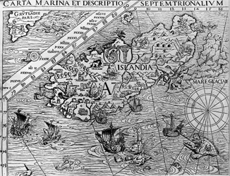Island, cirka 1539, detalj från Carta marina av svensk ärkebiskop, Olaus Magnus (1490-1557)