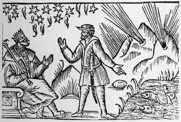 Ichtyomanti: spådom genom fiskarnas rörelser - i "Historia de Gentibus Septentrionalibus" (De nordliga folkens historia) av Olaus Magnus, Rom 1555