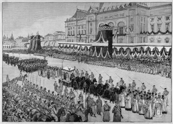 Illustration som visar tsar Alexander III:s begravning 1894. "Den illustrerade världen"