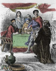Illustration till "Ivanhoe" av Walter Scott (1771-1832), skotsk författare: Ivanhoe utmanas av den sachsiske riddaren Brian de Bois Guilbert.