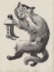 Illustration för "" Le chat Botte", berättelse av Charles Perrault (1628-1703), fransk författare. Anonym illustration. Bildmaterial Marcel Vagne, Jarville Nancy, odaterat (slutet av 1800-talet).