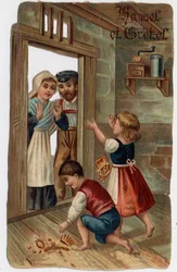 Illustration till berättelsen om bröderna Grimm "Hansel och Gretel"": Hansel och Gretel återvände till sina hem och gav sina föräldrar de juveler de hade haft. Kromolitografi från slutet av 1800-talet.