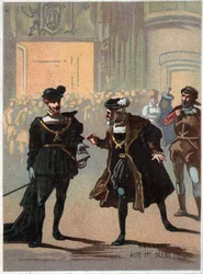 Illustration av "" Ernani" av den italienske kompositören Giuseppe Verdi (1813 - 1901), akt 1, scen II opera skapad 1844 efter tragedin "" Hernani"" av Victor Hugo. Kromolitografi från slutet av 1800-talet.