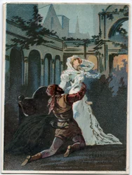 Illustration av "" Ernani" av den italienska kompositören Giuseppe Verdi (1813 - 1901), akt 2, scen IV opera skapad 1844 efter tragedin "" Hernani"" av Victor Hugo. Kromolitografi från slutet av 1800-talet.