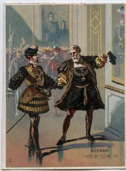 Illustration av "" Ernani" av den italienska kompositören Giuseppe Verdi (1813 - 1901), akt 3, scen VI opera skapad 1844 efter tragedin "" Hernani"" av Victor Hugo. Kromolitografi från slutet av 1800-talet.