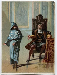 Illustration av "" Ernani" av den italienska kompositören Giuseppe Verdi (1813 - 1901), akt 3, scen 2 opera skapad 1844 efter tragedin "" Hernani"" av Victor Hugo. Kromolitografi från slutet av 1800-talet.
