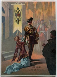 Illustration av "" Ernani" av den italienska kompositören Giuseppe Verdi (1813 - 1901), akt 4, scen IV opera skapad 1844 efter tragedin "" Hernani"" av Victor Hugo. Kromolitografi från slutet av 1800-talet.