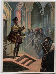 Illustration av "" Ernani" av den italienska kompositören Giuseppe Verdi (1813 - 1901), akt 4, scen I opera skapad 1844 efter tragedin "" Hernani"" av Victor Hugo. Kromolitografi från slutet av 1800-talet.