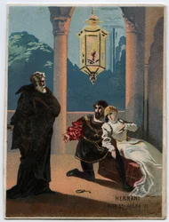 Illustration av "" Ernani" av den italienska kompositören Giuseppe Verdi (1813 - 1901), akt 5, scen VI opera skapad 1844 efter tragedin "" Hernani"" av Victor Hugo. Kromolitografi från slutet av 1800-talet.