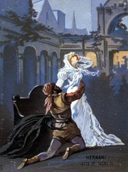 Illustration av "Ernani" av den italienske kompositören Giuseppe Verdi (1813 - 1901), akt II, scen 4, opera skapad 1844 efter Victor Hugos tragedi "Hernani". kromolitografi från slutet av 1800-talet..