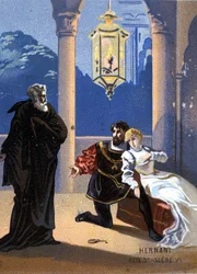 Illustration av "Ernani" av den italienske kompositören Giuseppe Verdi (1813 - 1901), akt V, scen 6, opera skapad 1844 efter Victor Hugos tragedi "Hernani". kromolitografi från slutet av 1800-talet..