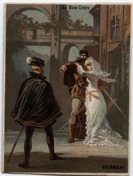 Illustration av "Ernani" av den italienske kompositören Giuseppe Verdi (1813 - 1901), opera skapad 1844 efter Victor Hugos "Hernani"-tragedi. Kromolitografi från slutet av 1800-talet.