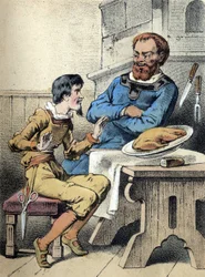 Illustration av Franz Hoffmanns berättelser "Sagor och fabler - Den glade lilla skräddaren". Kromolitografi av 1800-talet.