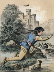 Illustration av Franz Hoffmanns berättelser "" Tales et Fables - Les 3 princes"": En prins som tar emot en nyckel från en anka. Kromolitografi av 1800-talet.