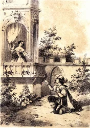 Illustration av låten "The King made the drum beat"": en man som förklarar sin kärlek till en kvinna vid hans fönster. sd.