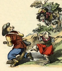 Illustration av berättelsen "Bon medor och lilla Chevrette". I "" Sagor från hemmet för de minsta"". Anonym gravyr från 1800-talet.