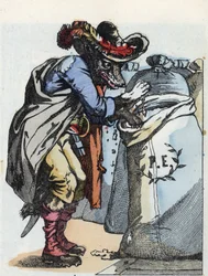 Illustration av berättelsen "Compere le Loup, Maitre Renard, Comere la Chevre et ses petits biquets"" efter en fabel av Jean de la Fontaine. I "" Sagor från hemmet för de minsta"". Anonym gravyr från 1800-talet.