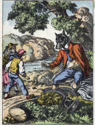 Illustration av berättelsen "God mamma får"". I "" Sagor från hemmet för de minsta"". Anonym gravyr från 1800-talet.