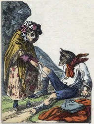 Illustration av berättelsen "God mamma får"". I "" Sagor från hemmet för de minsta"". Anonym gravyr från 1800-talet.
