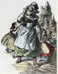 Illustration av berättelsen "God mamma får"". I "" Sagor från hemmet för de minsta"". Anonym gravyr från 1800-talet.