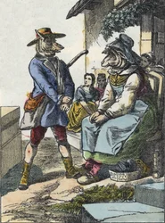 Illustration av berättelsen "God mamma får"". I "" Sagor från hemmet för de minsta"". Anonym gravyr från 1800-talet.
