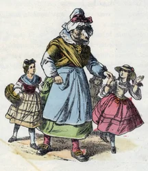 Illustration av berättelsen "God mamma får"". I "" Sagor från hemmet för de minsta"". Anonym gravyr från 1800-talet.