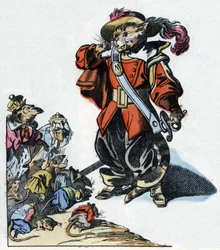 Illustration av berättelsen "Den fruktansvärda Raminagrobis och mössen""" karaktär ritar fabler av Jean de la Fontaine. I "" Sagor från hemmet för de minsta"". Anonym gravyr från 1800-talet.