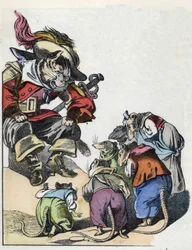 Illustration av berättelsen "Den fruktansvärda Raminagrobis och mössen""" karaktär ritar fabler av Jean de la Fontaine. I "" Sagor från hemmet för de minsta"". Anonym gravyr från 1800-talet.