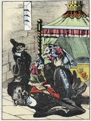 Illustration av berättelsen "Den fruktansvärda Raminagrobis och mössen""" karaktär ritar fabler av Jean de la Fontaine. I "" Sagor från hemmet för de minsta"". Anonym gravyr från 1800-talet.