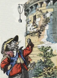 Illustration av berättelsen "Den fruktansvärda Raminagrobis och mössen""" karaktär ritar fabler av Jean de la Fontaine. I "" Sagor från hemmet för de minsta"". Anonym gravyr från 1800-talet.