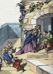 Illustration av berättelsen "Den fruktansvärda Raminagrobis och mössen""" karaktär ritar fabler av Jean de la Fontaine. I "" Sagor från hemmet för de minsta"". Anonym gravyr från 1800-talet.
