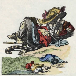 Illustration av berättelsen "Den fruktansvärda Raminagrobis och mössen""" karaktär ritar fabler av Jean de la Fontaine. I "" Sagor från hemmet för de minsta"". Anonym gravyr från 1800-talet.