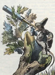 Illustration av berättelsen "Den fruktansvärda Raminagrobis och mössen""" karaktär ritar fabler av Jean de la Fontaine. I "" Sagor från hemmet för de minsta"". Anonym gravyr från 1800-talet.