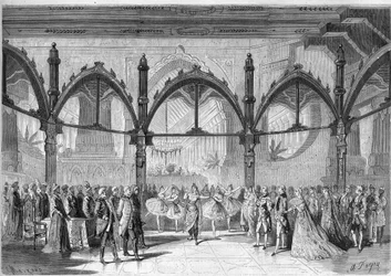 Imperial Theatre of the Comic Opera: Scen IV, akt II av operan "The First Day of Happiness"" av Daniel Francois Esprit Auber (1782-1871). Gravyr i "" The Illustrious Universe""