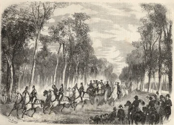 Imperialistisk jakt i Compiegne i närvaro av Napoleon III (1808-1873) och Imperatrice Eugenie (1826-1920). Gravyr i ”Le Monde illustrious”” från 1857. Privat samling.
