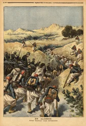 I Algeriet, en bataljon organiserad av en hel bataljon Zouaves, förstärkt av kavalleriet, för att fånga Areski ben Bashir, tre gånger dömd till döden av Algeriets domstol. Gravyr i "" Le petit journal"" 1893-12-23. Selvas samling.