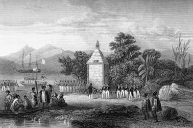 Invigning av kapten Durville av monumentet för att hedra den franske navigatören Jean-Francois Galaup, greve av La Perouse (Jean Francois Laperouse