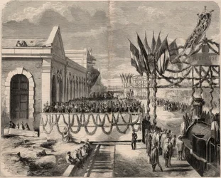 Invigning av järnvägen från Toulouse till Sete 1857. Gravyr i "Le Monde illustrious"" från 1857. Privat samling.