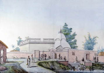 Indisk kultur och civilisation: Bad i floden Hooghly i Calcutta (eller Kolkata), Indien. Gravyr 1808.