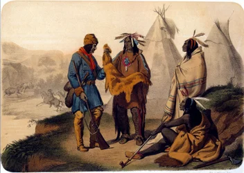 Indians of America: en fångare som byter med röda skinn, de byter betskinn, en av indianerna röker en bläckfisk. 1800-talslitografi La Rochelle, Musee du Nouveau Monde