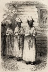 Ursprungskvinnor i Guyana, vid den katolska processionen av Fete Dieu. Gravyr för att illustrera resan i Franska Guyana 1862-1863, av Frederic Bouyer, kapten på fregatt, i "" Le tour du monde, nouveau journal des voyages", publicerad under dir.