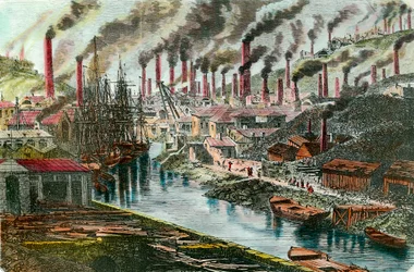 Industriella revolutionen: översikt över herr Vivians kopparfabrik i Swansea, Wales. Gravyr från 1800-talet. Privat samling.